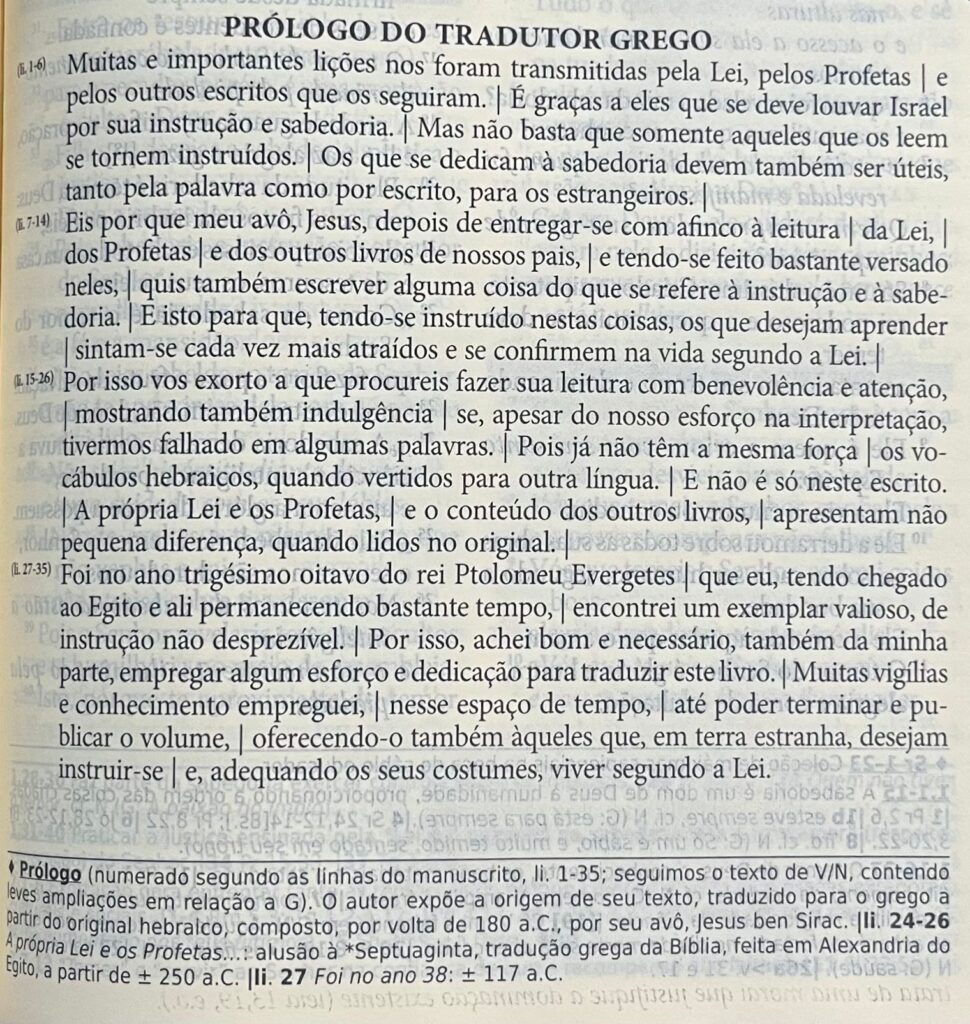 Prólogo do tradutor grego do Livro do Eclesiástico, Bíblia traduzida pela CNBB, 6ª Edição.