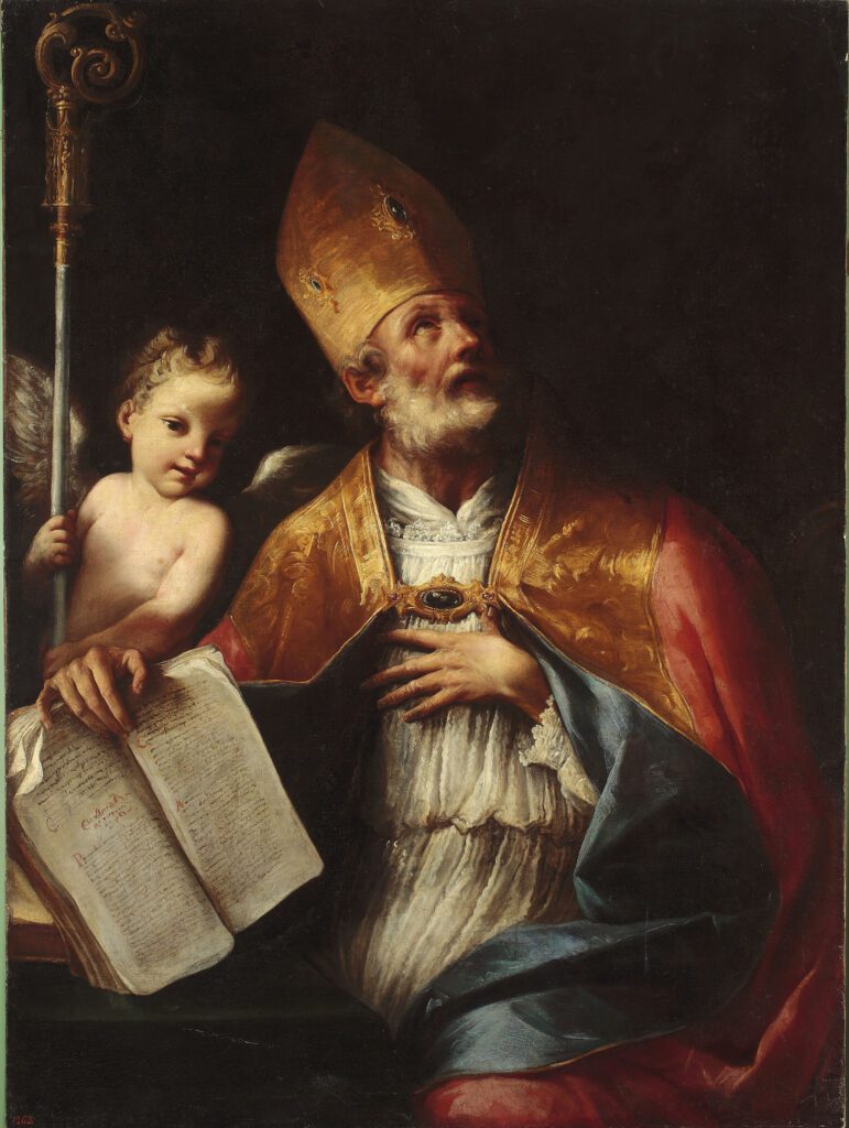 Santo Agostinho, anjo, Bíblia, bispo. pintura.